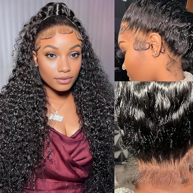 Water Deep Wave Curly Human Hair Wig | 360 Glueless Drawstring Wig, Adjustable Band & Invisible Strap - Braids and Wigs