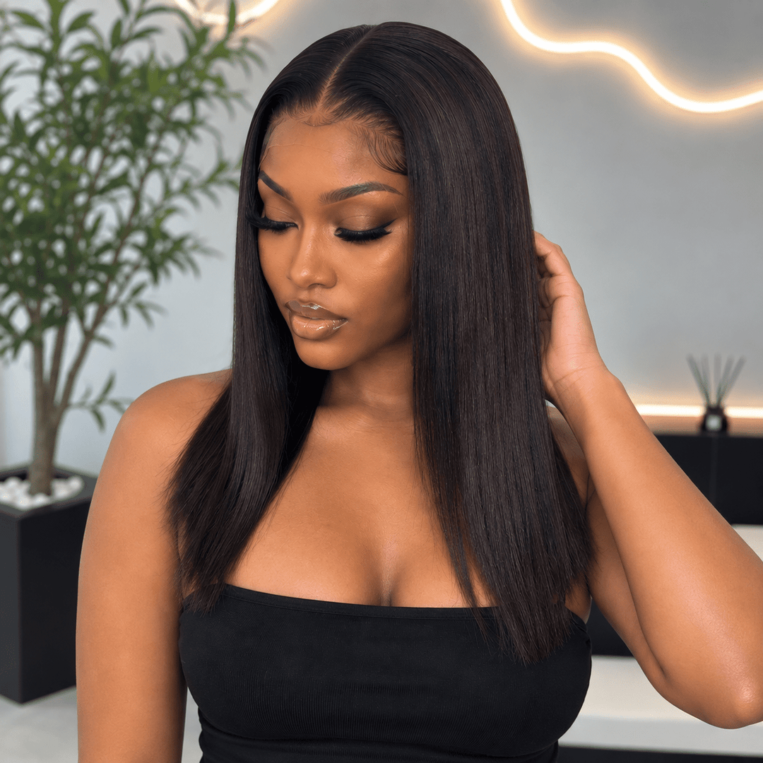 Luxury Human Hair Wig Raw Hair HD 5x5 14"- Bone Straight - Braids and Wigs