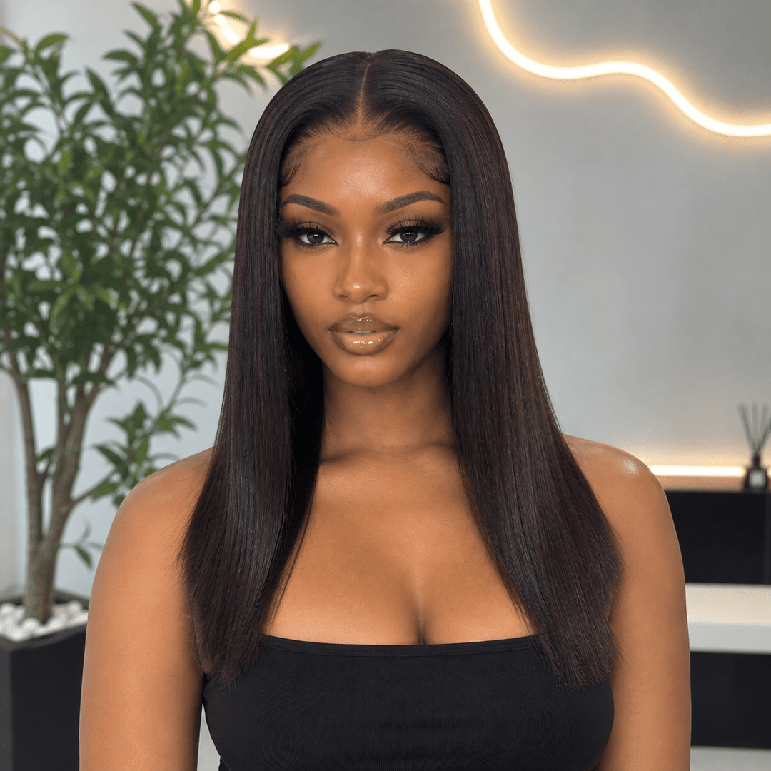 Luxury Human Hair Wig Raw Hair HD 5x5 14"- Bone Straight - Braids and Wigs