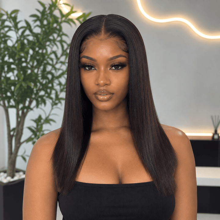 Luxury Human Hair Wig Raw Hair HD 5x5 14"- Bone Straight - Braids and Wigs