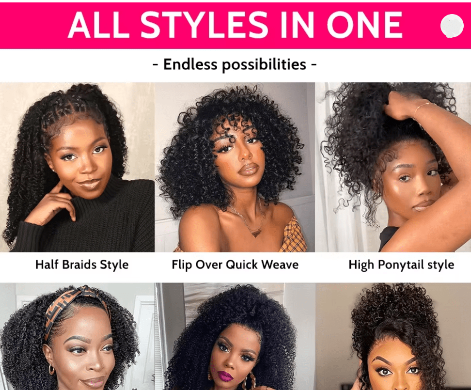 300% Density Afro Kinky Curly Human Hair Headband Wig | Glueless 3-in-1 Half Wig - Braids and Wigs