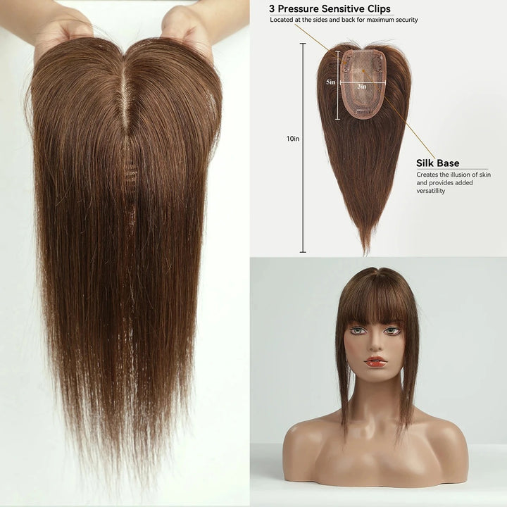 100% Remy Human Hair Topper Silk Base with Bangs