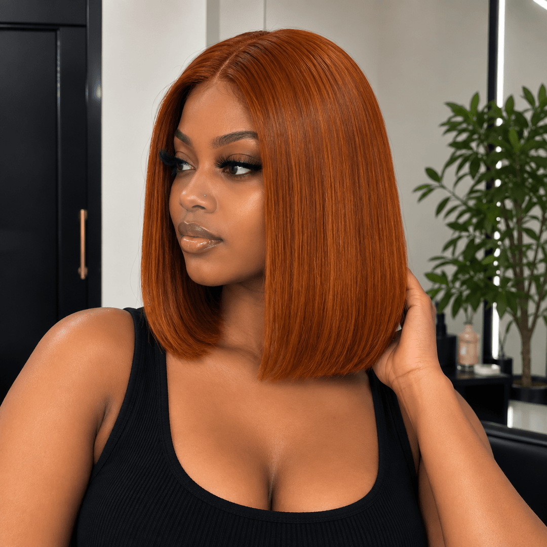 Luxury 2X6 Human Hair Bob Wig – 12" Straight Ginger - Braids and Wigs